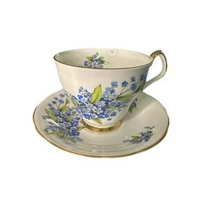 Vintage Regency England Teacup & Saucer "Forget‎ Me Not's" footed with gold trim